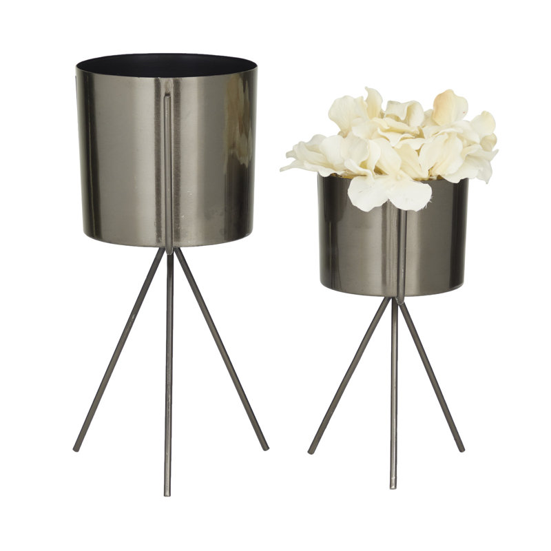 2 Piece Metal Small Indoor Outdoor Planter with Removable Stand Set, Dark Gray