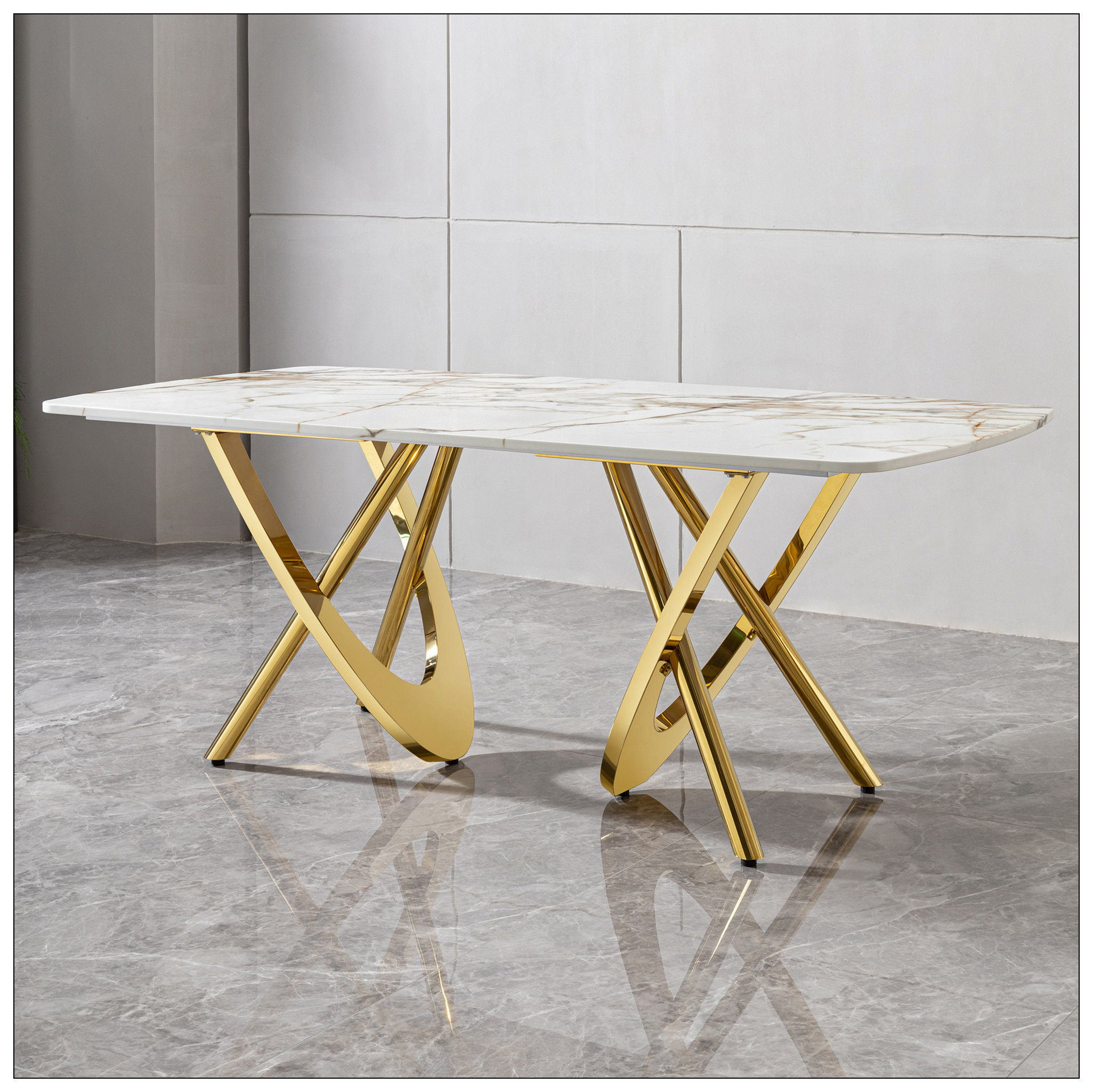 Mercer41 MDF Marble Pattern Dining Table With Gold Stainless Steel Base ...