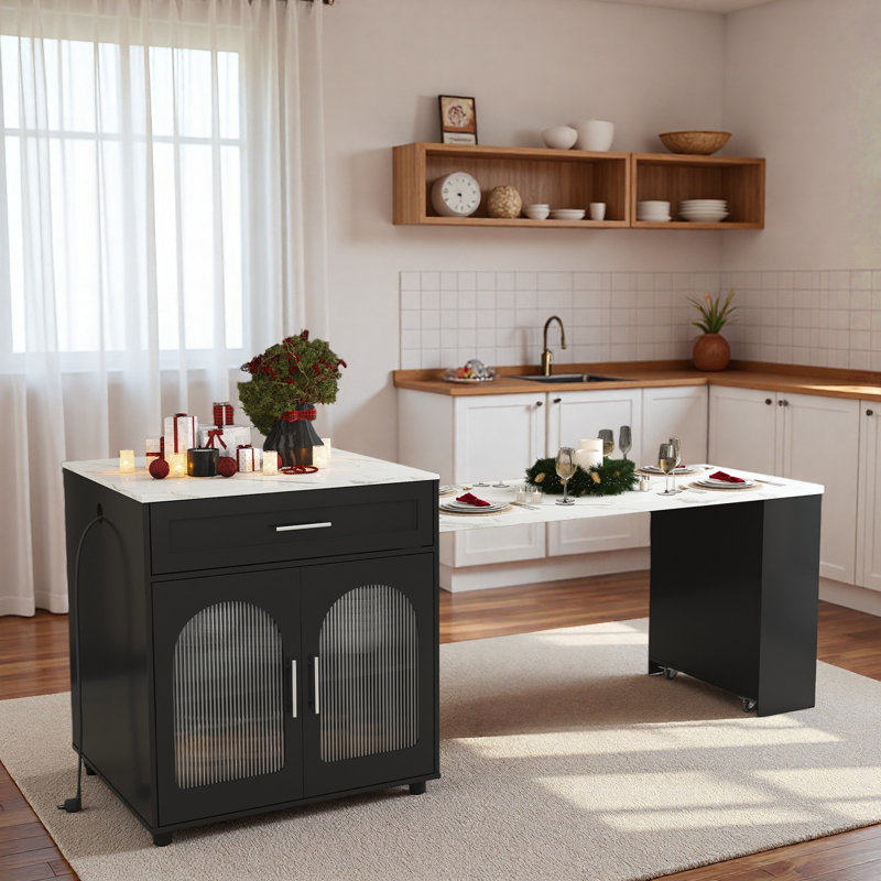 Îlot de cuisine extensible avec table de salle à manger, prise de courant, 2 tiroirs, tablettes ouvertes et roues mobiles