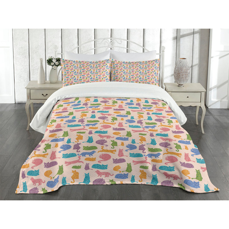 Ambensonne Cat Bedspread Multicolor, Queen Coverlet/Bedspread + 2 Pillow Shams