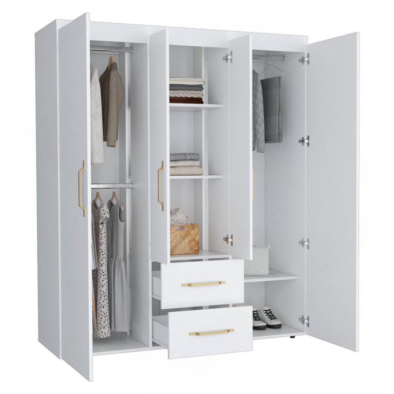 Armoire Bariloche, rangement multi-sections avec tringles de suspension, tablettes et 2 tiroirs, Blanc