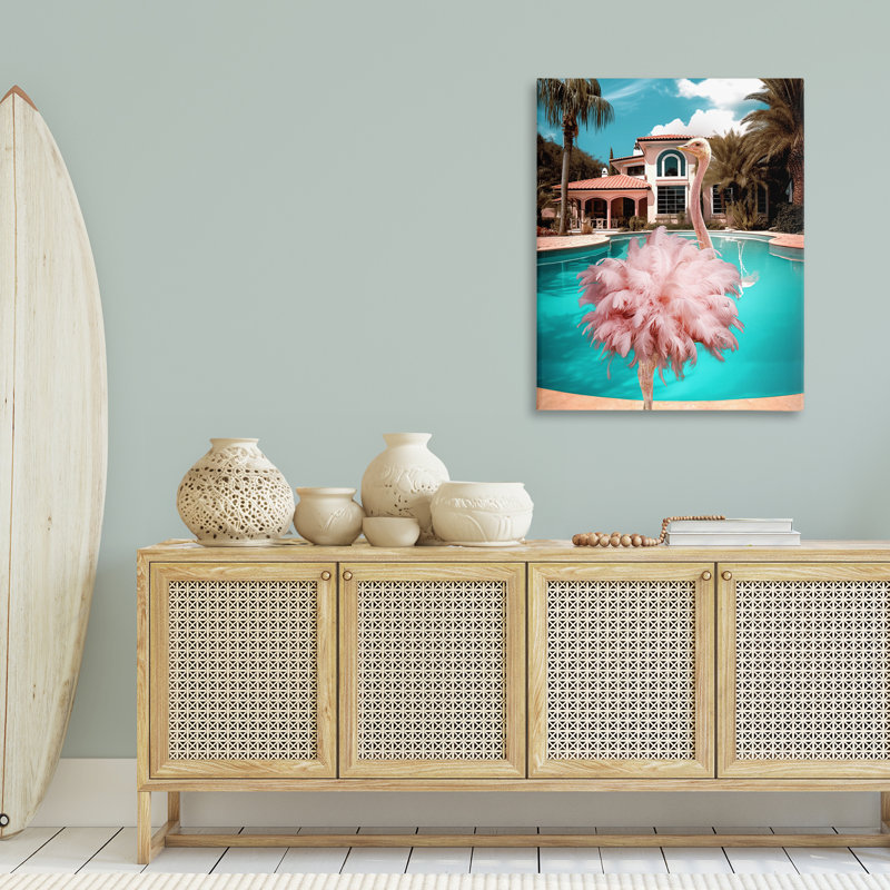 Art mural en toile d'autruche rose à plumes par Ziwei Li, H 20 po x l 16 po x P 1,5 po