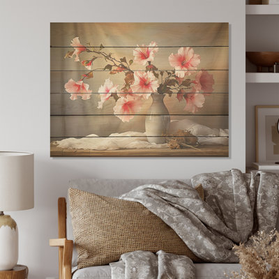 Hibiscus rétro, nature morte I - art mural en bois d'hibiscus sur bois de pin naturel