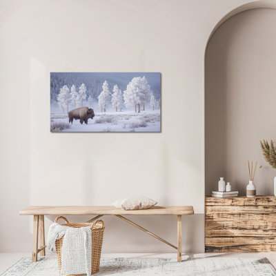 Winter Landscape Canvas Wall Art Bison Snowy Pine Tree Forest Winter Scene Canvas Prints, Christmas Wall Decor, Modern Nature Landscape Wall Art for Living Room Bedroom Ready to Hang 28x40 inch, 12×16 Inches