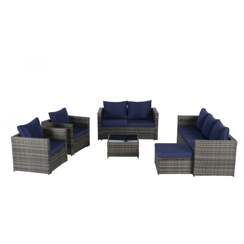 6 Piece Patio Furniture Set,Outdoor Wicker Rattan Sofa Conversation Set All Weather Patio Sectional Sofa Set With Glass Table, Cushions And Pillows For Garden, Backyard
