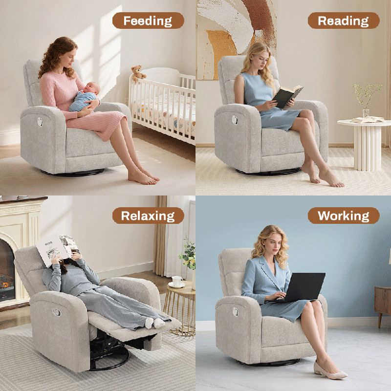 33" Modern Chenille Swivel and Rocker Glider Recliner with Wider Armrest,Double Pockets for Nursery and Living Room