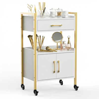 Luxury Salon Rolling Cart with Drawer & Cabinet, White & Gold Beauty Storage Trolley with Lockable Wheels for Barber Shop, Spa, Home Use