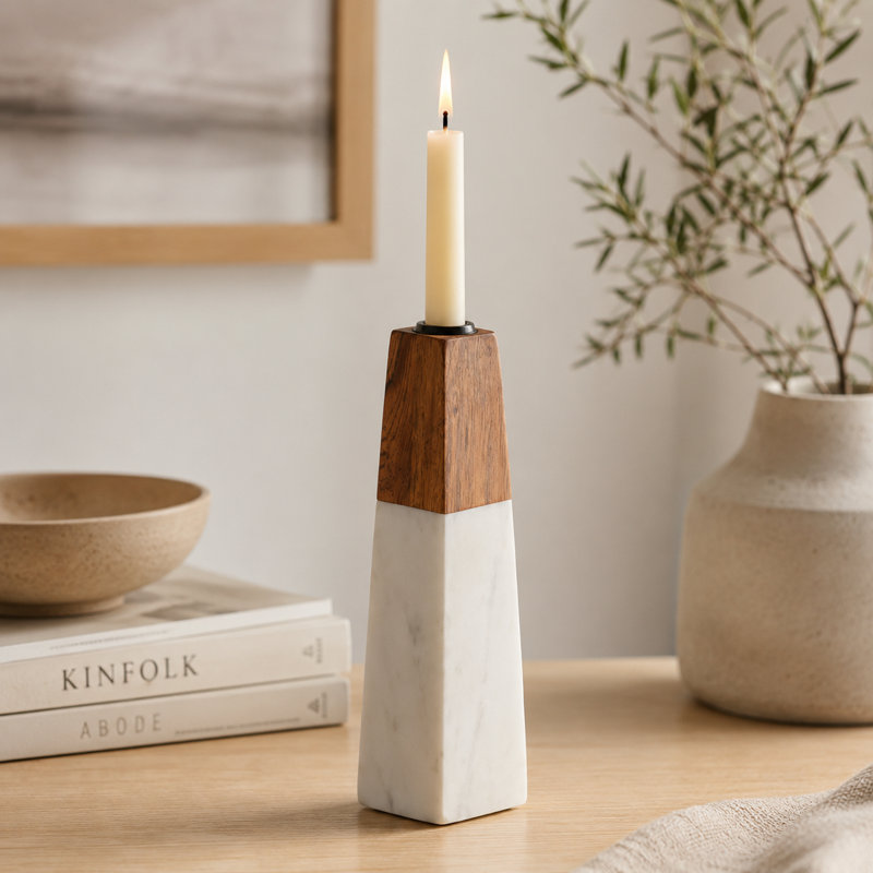 Porte-bougie 9 po fabriqué à la main en marbre blanc et bois d'acacia