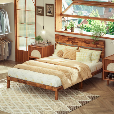 Wood Queen Bed Frame With Headboard,solid Acacia Wood Bed Frame Foundation With Wood Slat Support