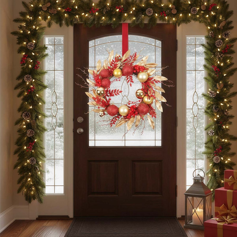 Couronne de Noël de 17,72 pouces fabriquée à la main avec des baies d'eucalyptus artificiels pour Noël