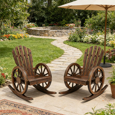 Ensemble de 2 chaises berçantes d'extérieur en bois - Patio Wagon Wheel Rocking Chair 2 PCS, Rustic