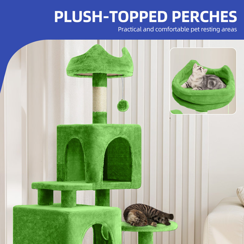 Modern Minimalist Cat Tree with Multiple Platforms and Toys, Green