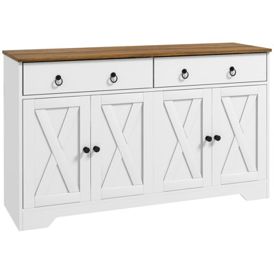 Sideboard, Buffet Cabinet with 2 Drawers, 2Storage Cabinets, 4 Barn-Style Doors and Adjustable Shelves, Farmhouse Buffet Table with Storage, Wood Grain Top, White