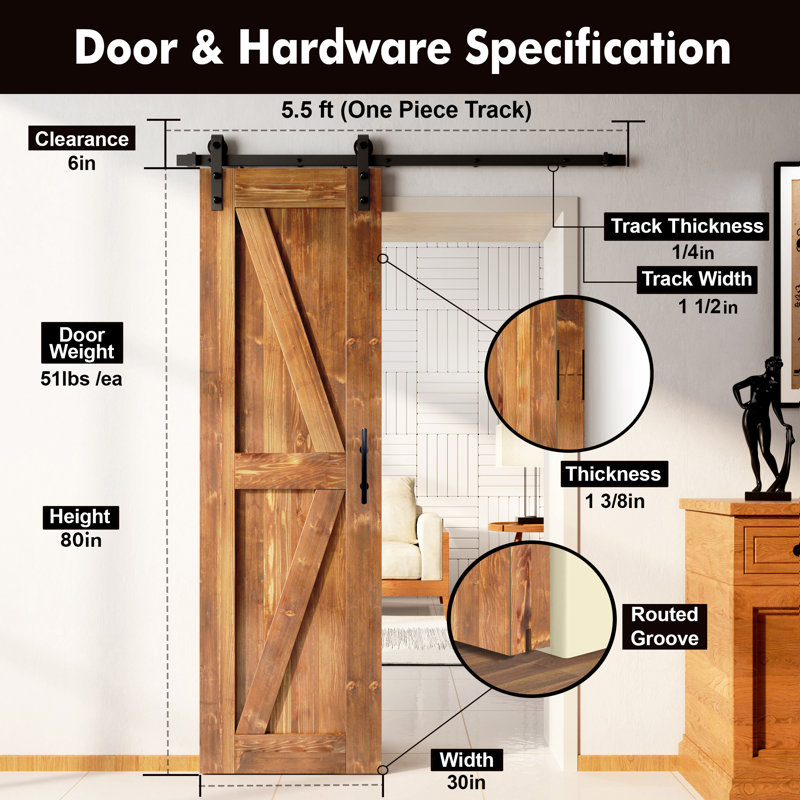 Porte en bois de pin massif 5-en-1 de conception 80 po avec quincaillerie d'installation rustique noire 5 en 1, 30 po x 80 po