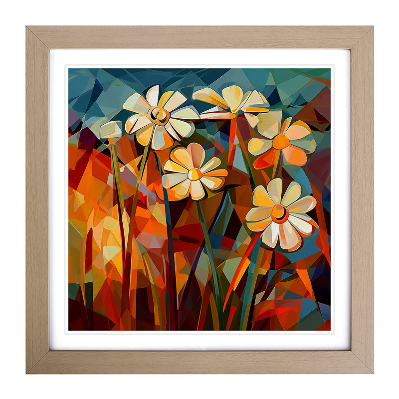Wildflowers Cubism No.3 - Single Picture Frame Print on Wood, Oak