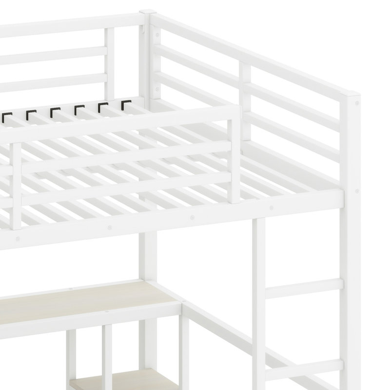 Metal Loft Bed Frame With Built-In Wardrobe, Desk And Storage Shelves, Queen, White Wood-grain