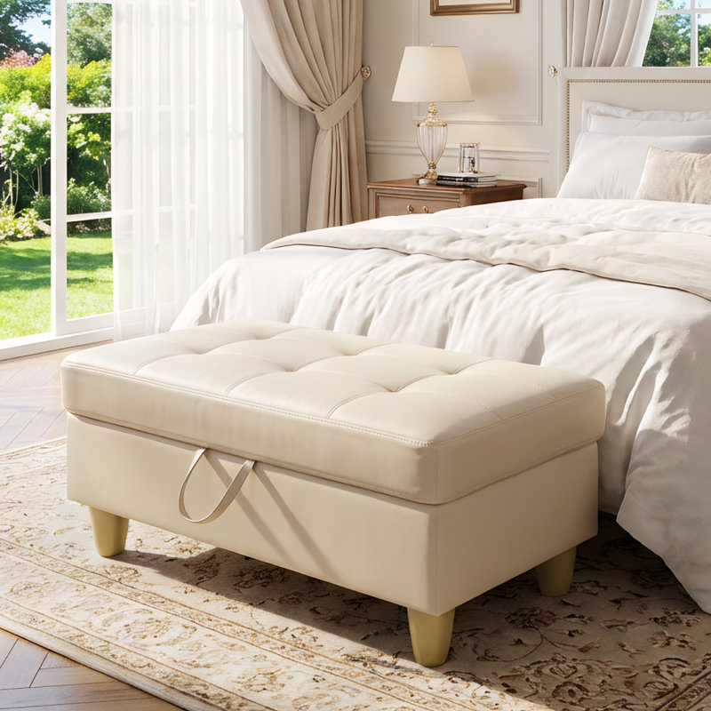 Banc de repose-pieds rectangulaire avec couvercle à charnière, repose-pieds en similicuir pour le salon, la chambre à coucher, le vestibule, blanc, 35 po x 23,5 po x 17,5 po