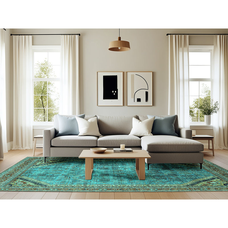 Laine; tapis bleu sarcelle en polyester, Rectangle 6 pi x 9 pi