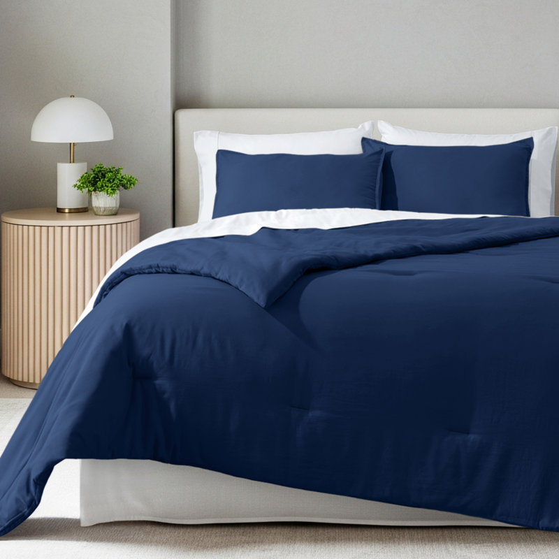 Down Alternative Track Stitch Comforter Set, Dark Blue, California King Comforter + 2 King Shams