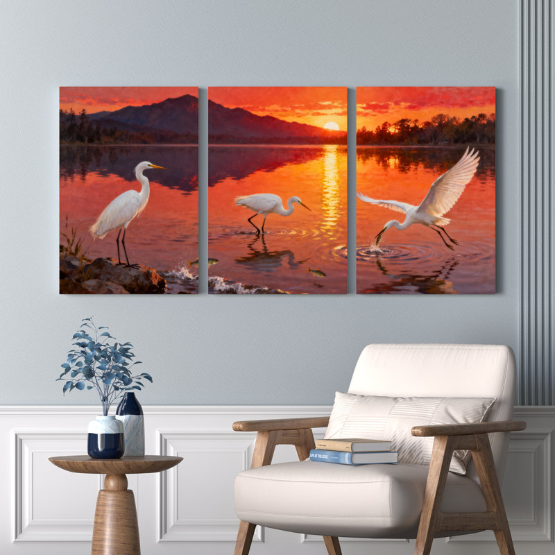 «Egrets at Sunset Landscape», ensemble de 3 reproductions d'art sur toile tendues, H 30 po x l 60 po