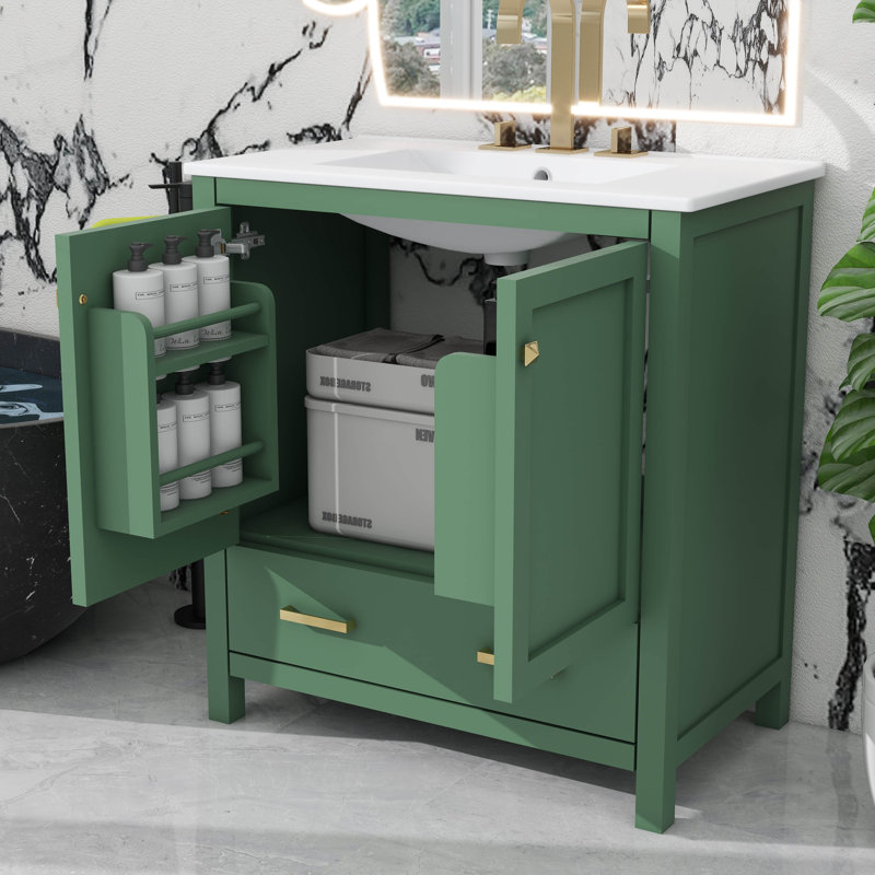 Meuble-lavabo de 30 po avec lavabo simple, armoire de rangement de salle de bain avec 2 portes et un tiroir, fermeture en douceur, structure en bois massif