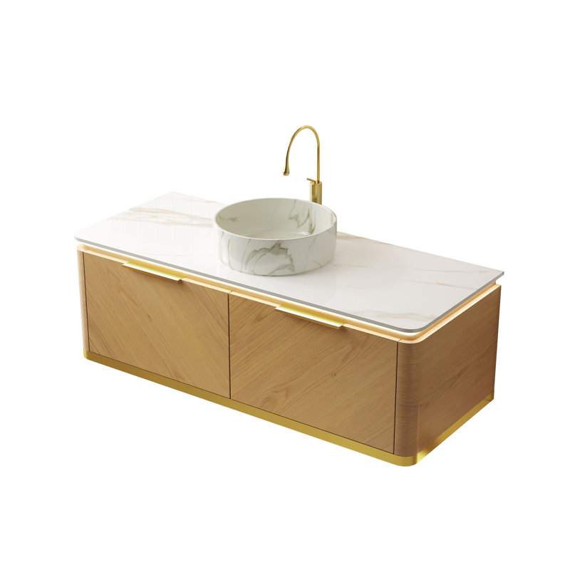 48" Bathroom Vanity & Sink, Floating Plywood Storage Cabinet With 2 Drawers, Sensor Light, Stone Pattern White Ceramic Vessel Basin&Sintered Stone Top, Pre-Assembled, Corolla Oak Woodgrain Color