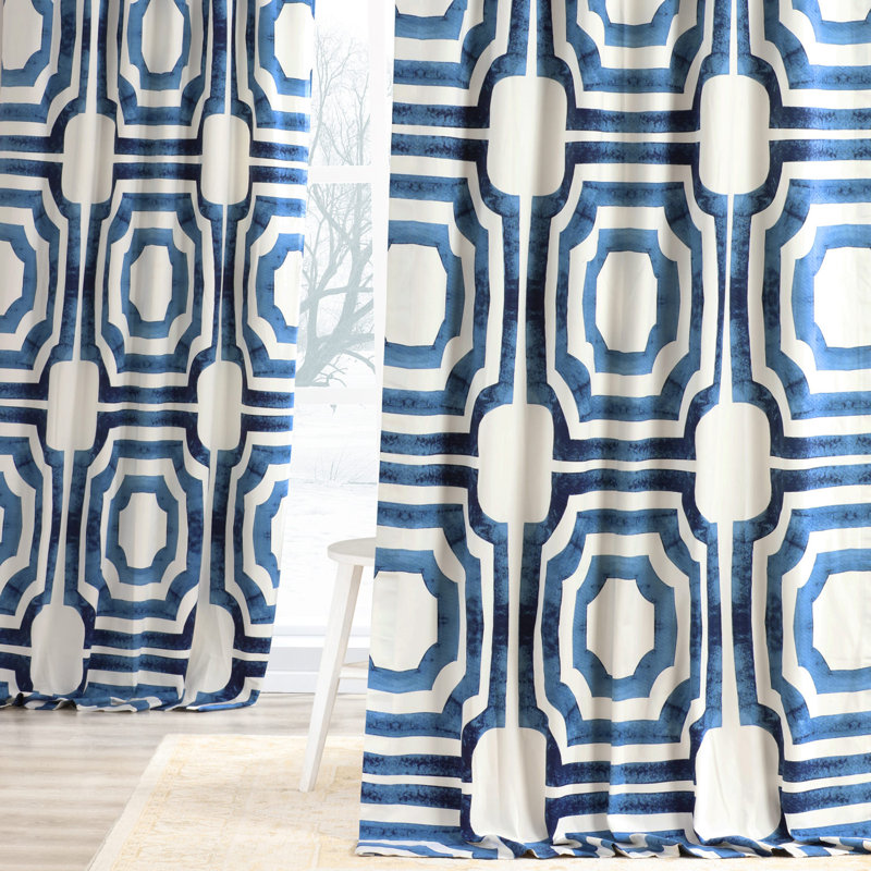 Magari Geometric Printed Cotton Room Darkening Single Curtain Panel, 50" W x 96" L, Blue