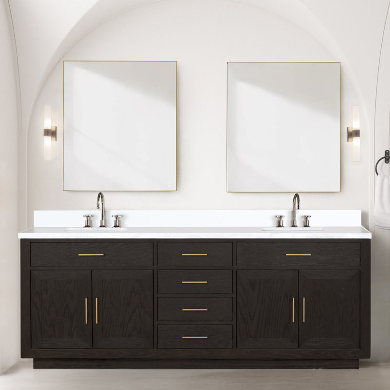 Meuble-lavabo double en chêne brun 84 po X P 22 po D, dessus en quartz blanc et ensemble de robinet, Chêne brun