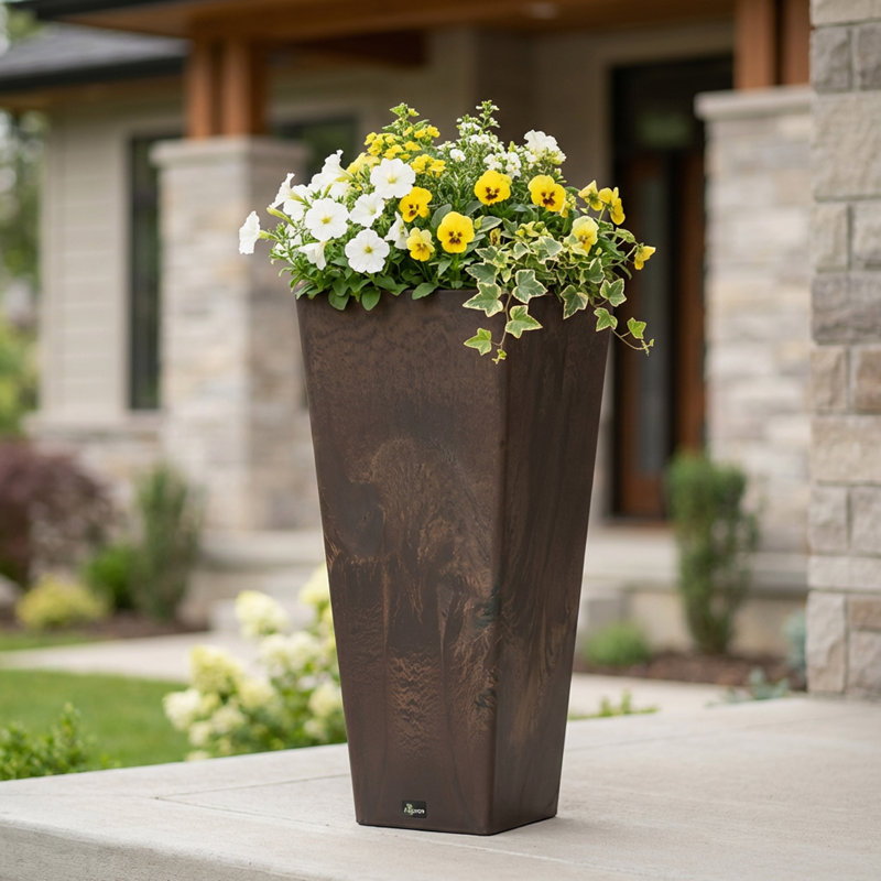 Valencia 10.5"x24"H Square Planter with Water Tray, Brown