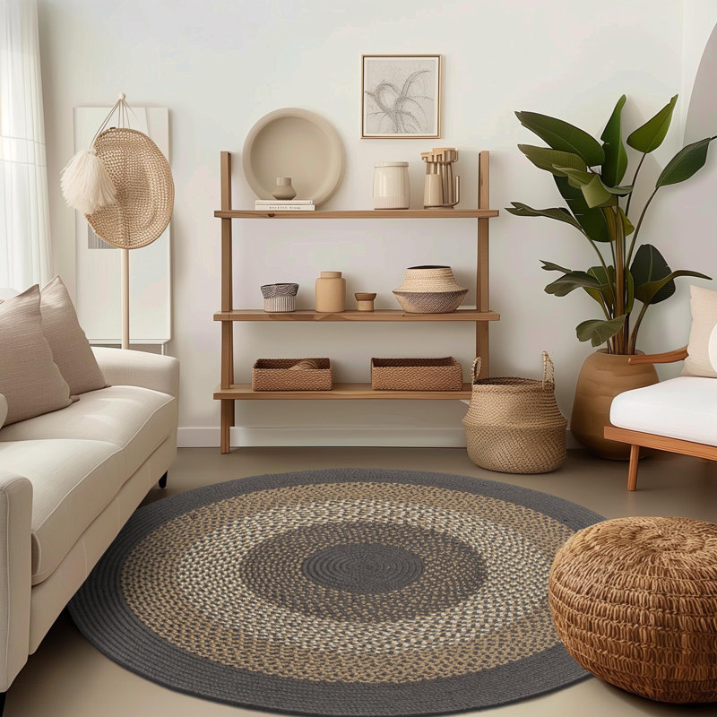 Tapis gris anthracite / brun / blanc tressé à la main Enika, Rond 4 pi