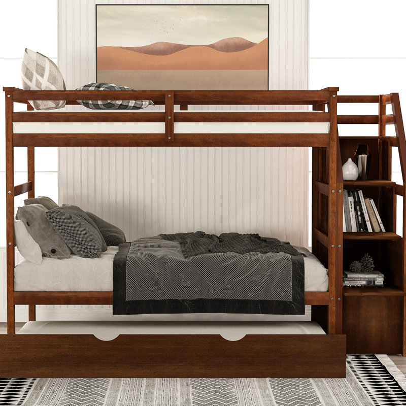 Twintwin Bunk Bed With Walnut Frame And Trundle For Extra Storage Functional In