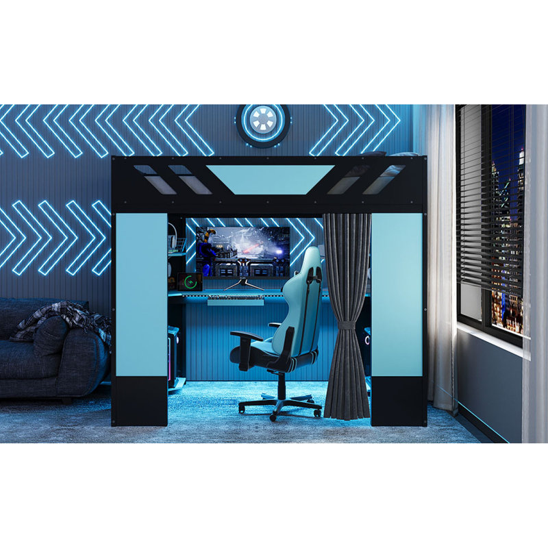 Lit mezzanine en bois peu encombrant, lumières et tablettes RVB modernes, idéal pour les petites maisons