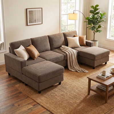 98.8'' Modular U-Shaped Corduroy Sectional Sofa, 4-Seat Deep Seating Couch with 2 Movable Ottomans, Brown Upholstered Furniture for Living Room