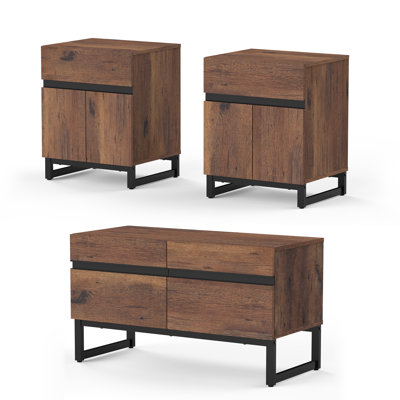 Lattimore TV Stand And End Table Set Of 3, Living Room Table Sets, 35 Inch TV Stand And 2 End Table Set With Drawers For Living Room, Entertainment Center, Console TV Table