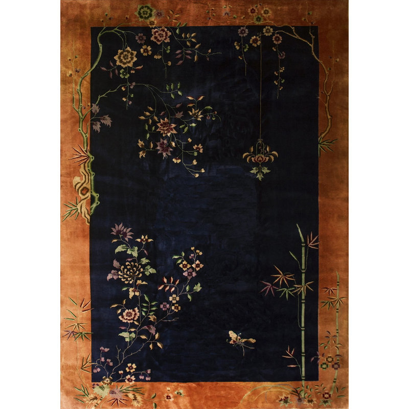 Antique Art Deco Room Size Wool Blue Navy, Coral / Salmon Rug