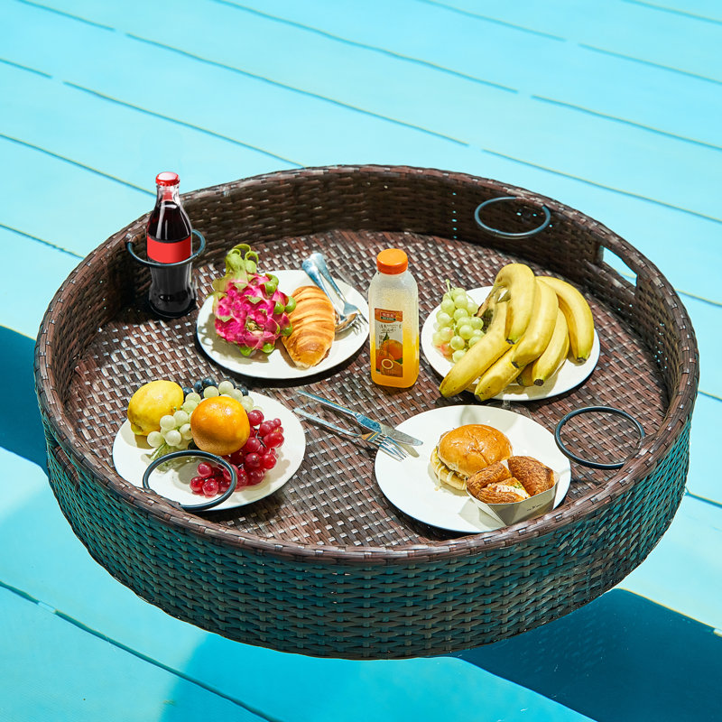  Grand plateau flottant pour piscine Hubhalsun, plateau de service flottant en osier 35,4 po avec trou, porte-gobelets et porte-gobelets pour piscine, spa, fêtes dans la cour, brun