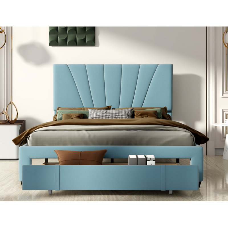 Lit plateforme tapissier avec rangement Johnita, Bleu