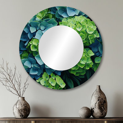 Vert, bleu, hortensia, fleurs émeraude - miroir d'hortensia, miroir mural décoratif traditionnel, impression d'art en métal