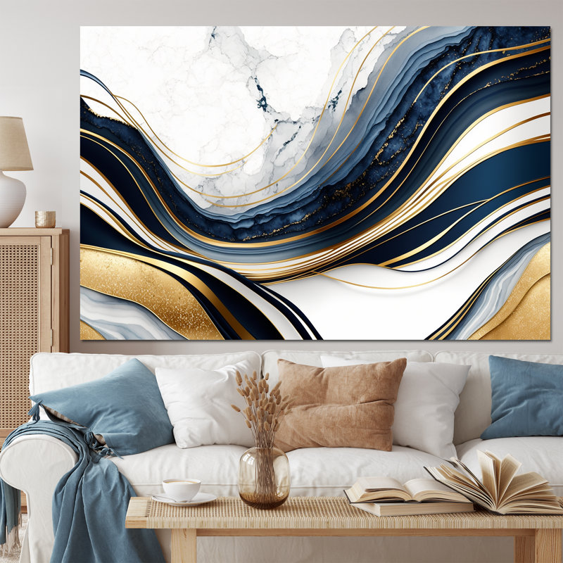 Géode abstraite vagues bleues et dorées III - Décoration murale abstraite