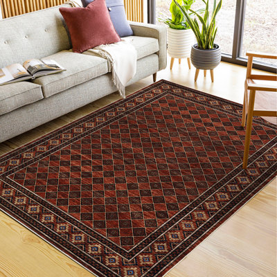 Modern Bordered Machine Washable Rug Non-Slip Geometric Accent Carpet, Stain-Resistant Low Pile Indoor Mat for Bedroom, Living Room