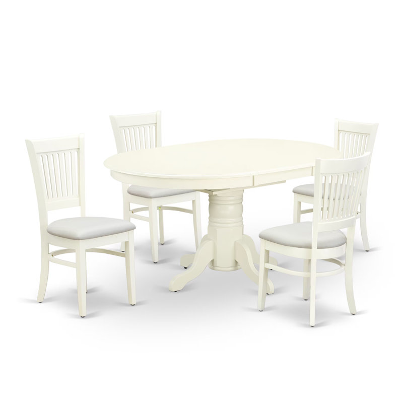 Ensemble de table de salle à manger 5 pièces comprenant une table de cuisine ovale avec rallonge papillon et 4 chaises de salle à manger rembourrées en tissu de lin, 42 x 60 pouces, blanc lin