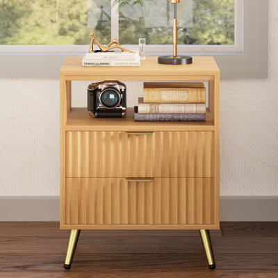 Mid-Century Modern 2-Drawer 23" Tall Nightstand with Open Cubby, Fluted Cute Bedside Table with Open Shelf, Storage End Table For Bedroom, Living Room, Sofa and Office