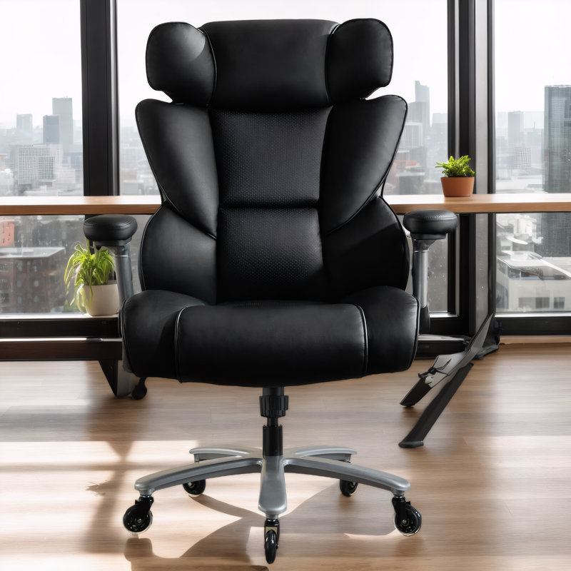 Fauteuil de bureau Big & Tall 500 lb, fauteuil inclinable ergonomique avec support lombaire réglable, accoudoirs rabattables et siège large - Fauteuil en cuir robuste pour bureau personnel, noir