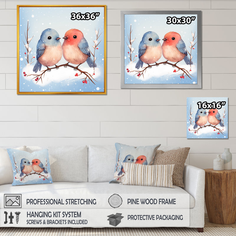 Hiver, oiseaux mignons amoureux de la chambre de bébé III - Art mural oiseau, Cadre flottant noir
