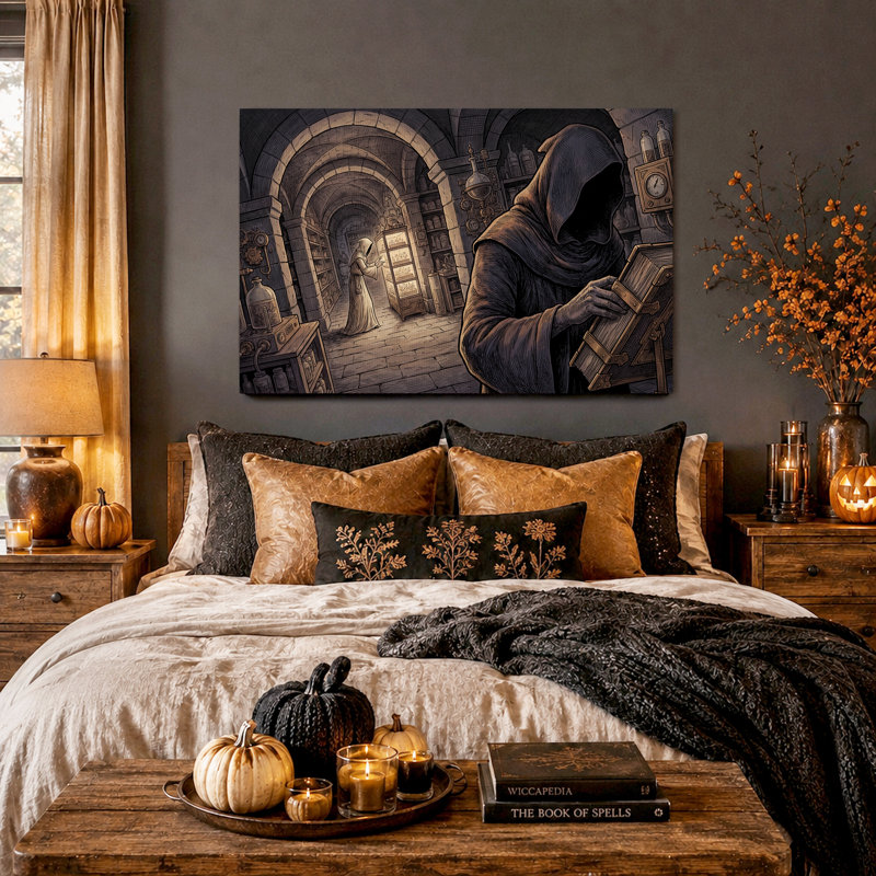Croquis sépia d'une silhouette encapuchonnée dans un laboratoire d'alchimie - Toile murale d'Halloween, H 18 po x l 24 po