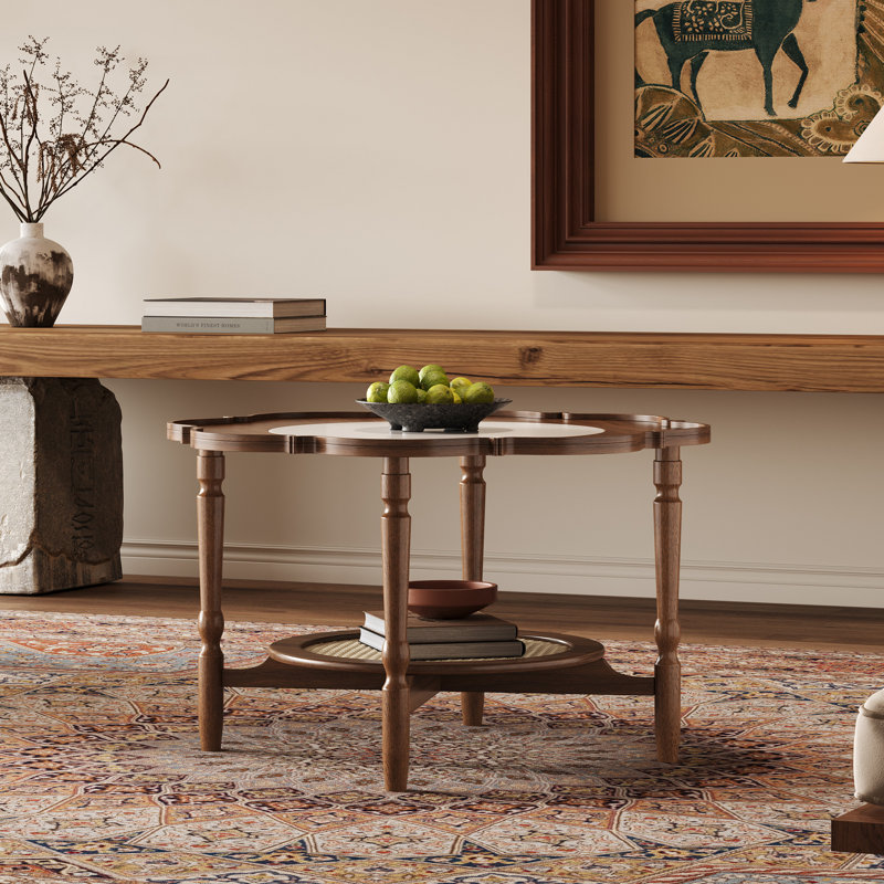 Table basse de style Mid-Century avec forme de pétale et verre à motif craquelé blanc, table basse à 2 niveaux avec rotin, noyer, 31,5 po