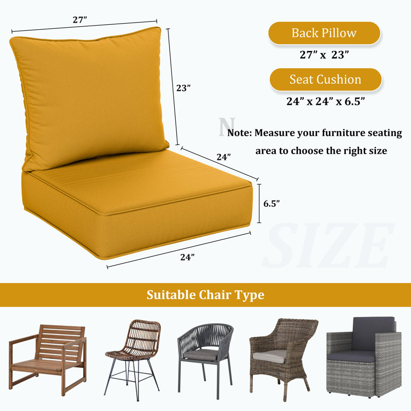 24"W X 24"D Outdoor Deep Seating Cushions 6.5” Indoor/Outdoor Seat And Back Cushion, Cushions Only, Yellow