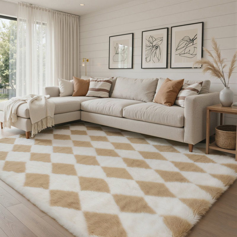 Tapis à poils longs lavable à la machine Modern, Rectangle 5 pi x 7 pi, Beige/brun