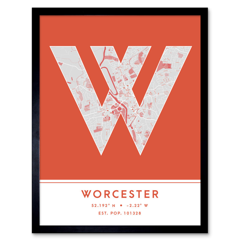 Worcester City Map Worcester Orange - Single Picture Frame Typography