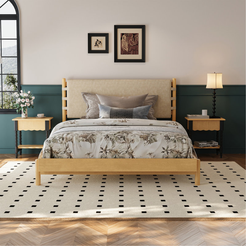 Cadre de lit plateforme en bois d'hévéa de qualité supérieure, cadre de lit grand avec tête de lit inclus, lit Mid-Century moderne de couleur beige